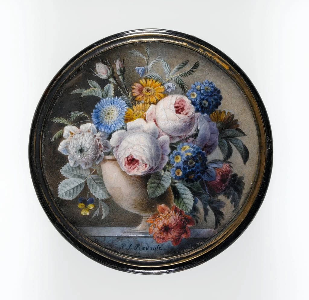 Pierre Joseph Redouté - 149, Miniatura con fiori in un vaso di pietra, Fitzwilliam Museum, University of Cambridge